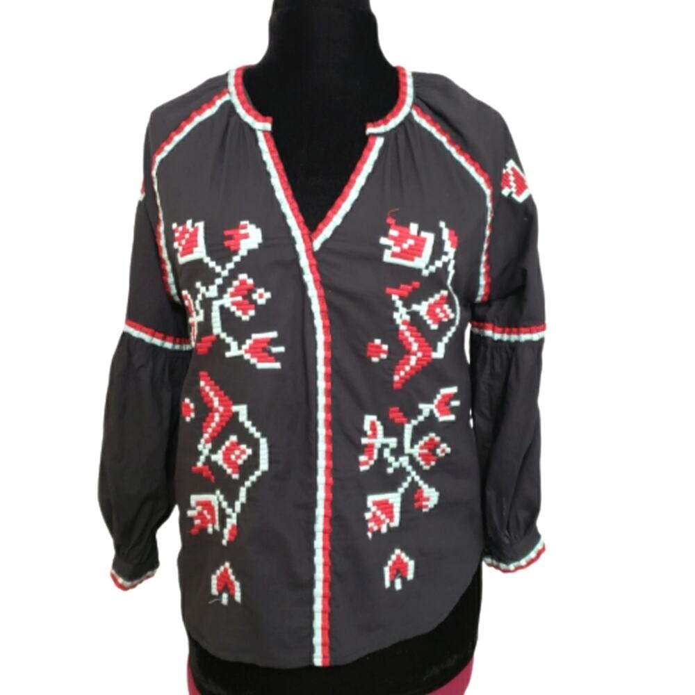 RD & Koko Embroidered Aztec Print Black Bell Sleeve Boho‎ Cotton Top Medium